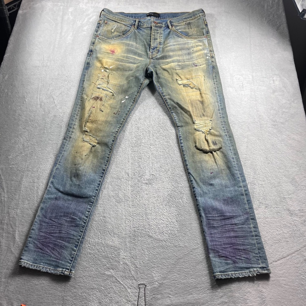 Purple Brand P002 Slim Fit Distressed Paint Splatter Jeans Mens Light Wash 35x31